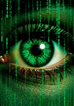 Close-up of human green eye with binary code in the backgroundの素材
