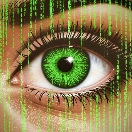 Close up of human green eye with binary code. Concept of artificial intelligence.の素材