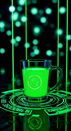 Green tea in a glass on the background of green luminous circlesの素材