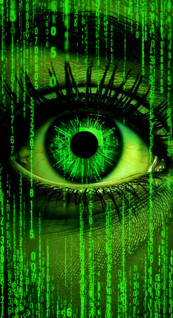 Close-up of human eye with binary code, concept of artificial intelligenceの素材