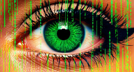 Close-up of human eye with green iris and binary codeの素材