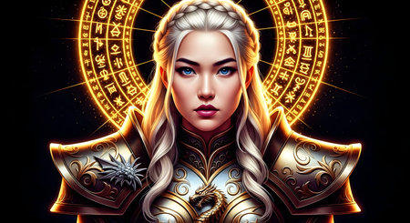 3D illustration of a beautiful woman with fantasy armor and precious jewelryの素材