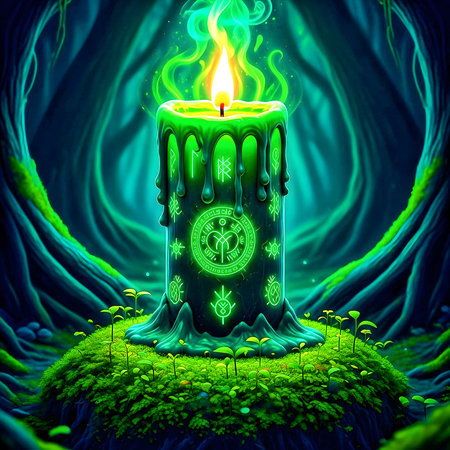 Burning candle in green forest. Conceptual illustration for fortune telling and fortune telling.の素材