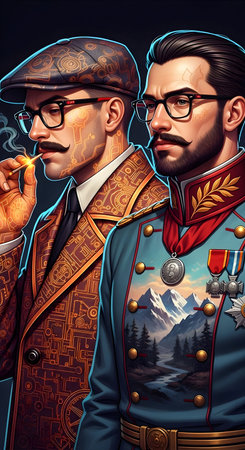 Digital composite of British soldier in front of mountain and man in glassesの素材