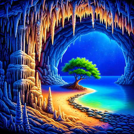 Fantasy island in the sea with tree in the cave. 3D renderingの素材