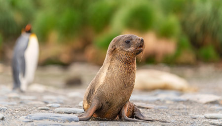 Juvenile Antarctic fur seal (Arctocephalus gazella) in South Georgia in its natural environmentの写真素材