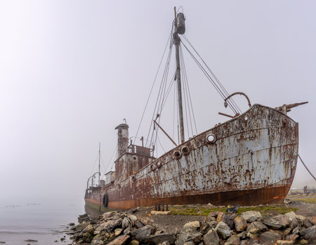 Old, rusty whaling ships and processing facilities at a now abandoned whaling station in Grytviken -on the island of South Georgia.の写真素材