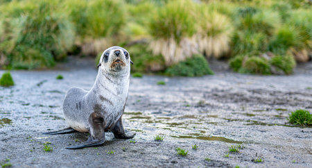 Young Antarctic fur seal baby (Arctocephalus gazella) in South Georgia in its natural environmentの写真素材