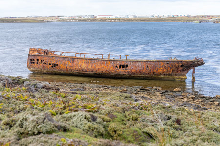 An old whaler wreck in Whalebone Cove off Stanley in the Falkland Islands. Stanley in the backgroundの写真素材