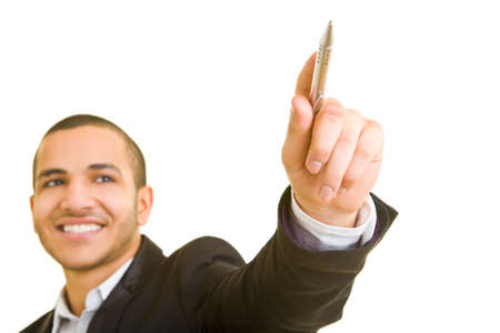 Man smiling and holding a penの写真素材