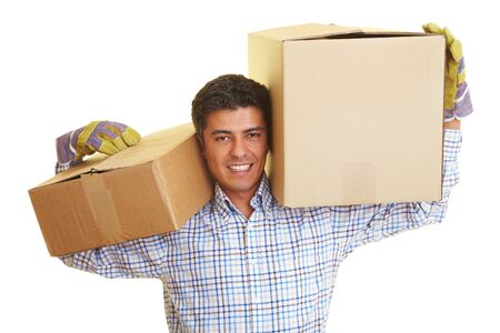 appy man carrying to boxes on his shouldersの写真素材