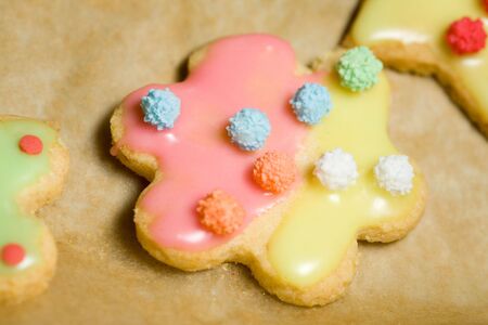 Colorful cookies with icing on a baking sheetの写真素材