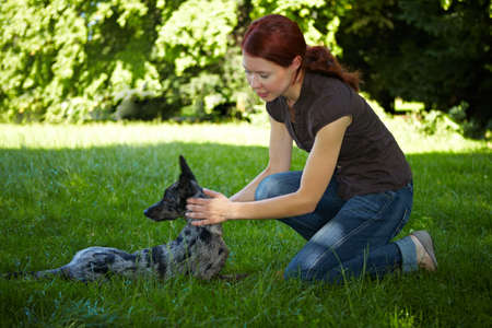 Young woman playing with her dog outdoorsの写真素材