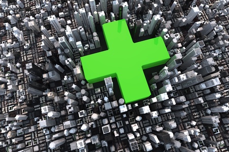 Big green cross in a 3D city with skyscrapersの写真素材