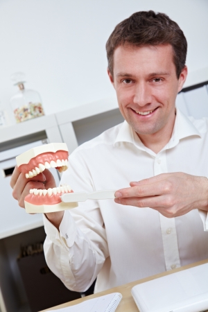 Smiling dentist in office offering tips for brushing teeth with toothbrushの写真素材