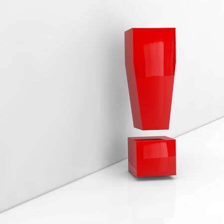 Red exlamation mark in 3D leaning on a grey wallの写真素材