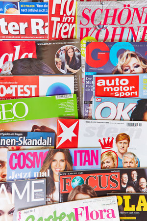 Covers of many German print magazines on displayのeditorial素材