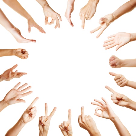 Background of many hands forming a circle with different gesturesの写真素材