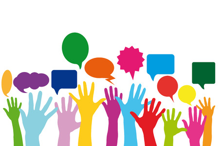 Many different abstract hands with speech bubbles as social media conceptの写真素材