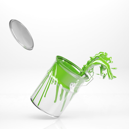 Green color splashing in paint can on white backgroundの写真素材