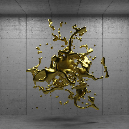 Melted liquid gold hovering in a concrete room (3D Rendering)の写真素材