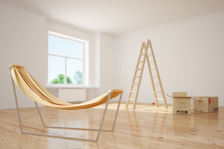 Relaxing hammok standing in a room during relocation with moxing boxes (3D Rendering)の写真素材