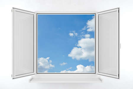 Open window with blue sky and white clouds (3D Rendering)