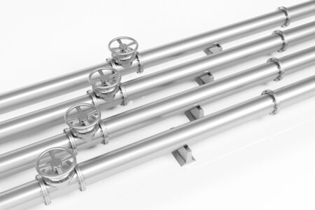 Four metall pipelines with valves for gas and oil (3D Rendering)の写真素材