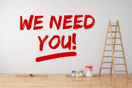 Headhunter on personnel recruitment writing "We need you" on wall (3D Rendering)の写真素材