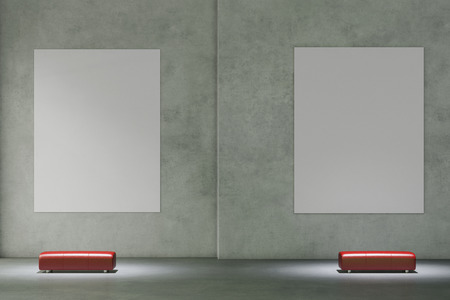 Empty white canvas hanging on wall in museum gallery (3D Rendering)