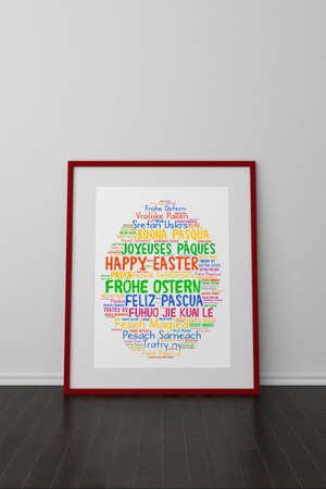 Happy Easter shaped as easter egg in frame leaning on wall (3D Rendering)