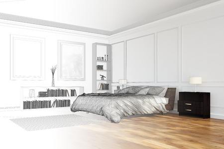 Room planning for bedroom with CAD wireframe mesh and render (3D Rendering)の写真素材