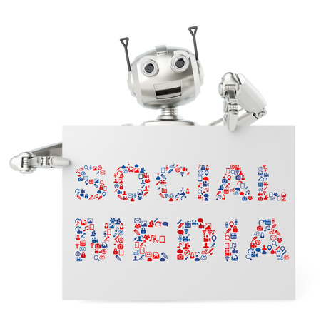 Funny robot holding a social media billboard sign with many icons (3D Rendering)の写真素材