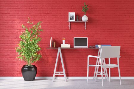 Desk in home office with laptop computer in front of a red wall (3D Rendering)の写真素材