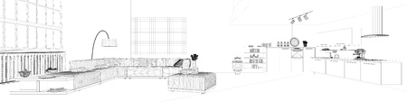 Panorama of CAD wireframe mesh of living kitchen in a loft (3D Rendering)の写真素材