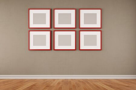 Six red quare picture frames hanging on a wall in a room (3D Rendering)