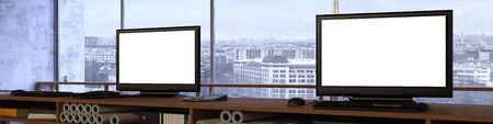Office panorama with two empty white computer monitor screens (3D Rendering)の写真素材