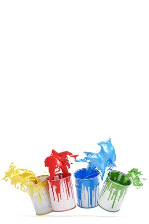 Four different colorful colors splashing from jumping paint cans (3D Rendering)の写真素材