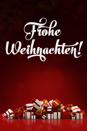 Christmas card with the German slogan "Frohe Weihnachten!" (Merry Christmas) and gifts (3D Rendering)の写真素材
