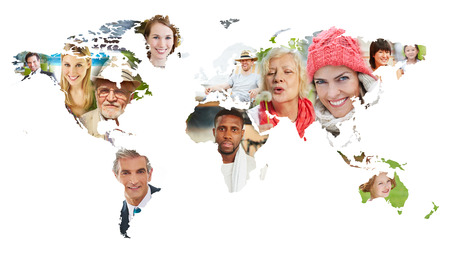 Faces of many people on world map as diversity conceptの写真素材