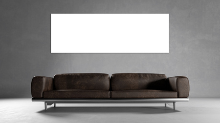 Empty white panorama canvas on concrete wall with sofa (3D Rendering)の写真素材