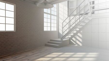CAD planning from architect for a loft with 3D Rendering and wireframe meshの写真素材