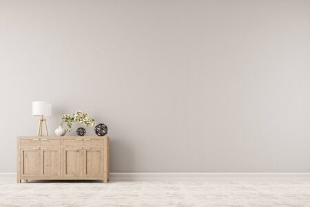 Cabinet with plant and lamp in front of a background wall (3D Rendering)