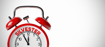 German word Silvester (New Year's Eve) on red alarm clock with copy space (3D Rendering)