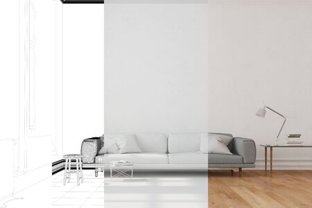 Development of living room in room planer from CAD drawing to 3D Rendering