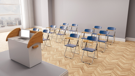 Laptop computer in conference room with row of chairs (3D Rendering)の写真素材
