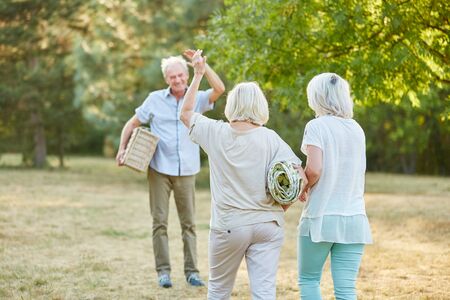 Group of seniors meets up at the park for a picninc in the natureの写真素材