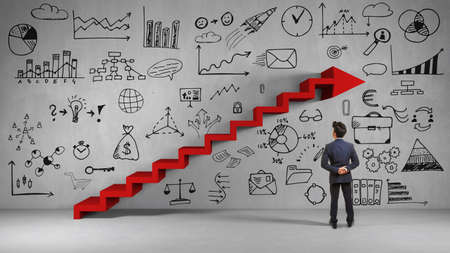 Business man looking at wall during strategy planning (3D Rendering)の写真素材