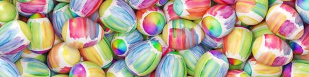 Panorama easter background with many painted easter eggs (3D Rendering)