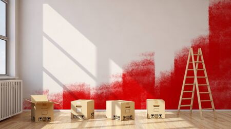 Renovation of room with red color on a wall (3D Rendering)の写真素材